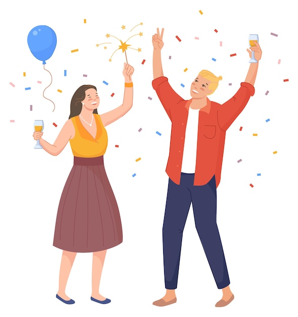 Vector people having fun with champagne. party with confetti and balloons, cartoon vector illustration