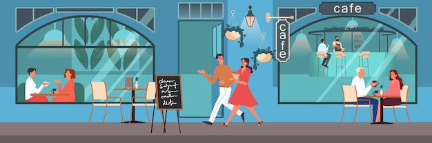 People having lunch in cafe. female and male characters drink coffee in coffee shop. business meeting in coffee shop, cafeteria interior.  illustration