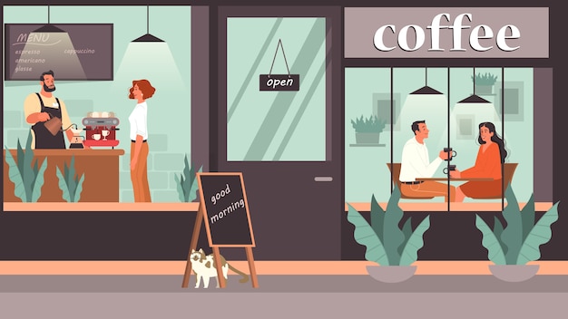 Vettore persone che pranzano nella caffetteria. personaggi femminili e maschili bevono caffè nella caffetteria. incontro di lavoro e appuntamento romantico nella caffetteria, interno della caffetteria.