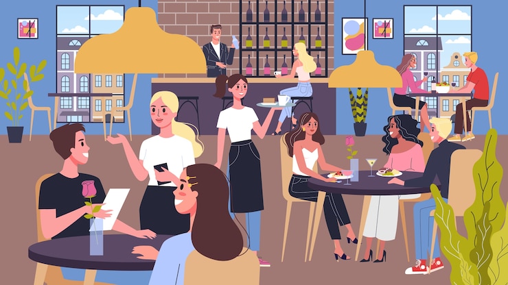 Vector people having lunch in restaurant. female and male characters eating in cafe. waiters helps visitors. restaurant interior.  illustration.