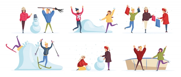 People having winter fun cartoon characters set.