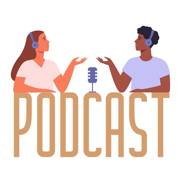 People in headphones speak into a microphone. Interview, podcast. Flat vector illustration