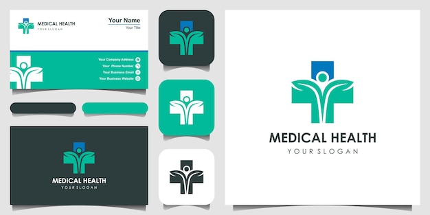 ピープルヘルスケアのロゴデザインのインスピレーション、診療所のエンブレム。と名刺