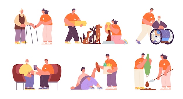 People help Caring at elderly volunteers community Support animal children and old Volunteer nurses walking with disabled seniors utter vector characters