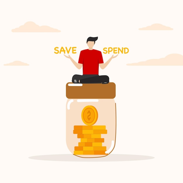 People hesitate to sit on savings balance options save or spend. Money decision, save or spend.