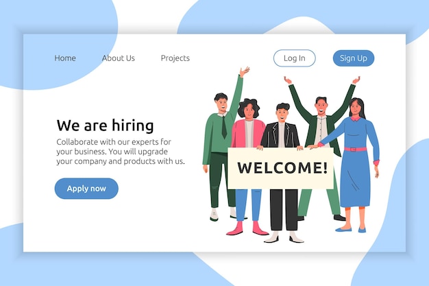 people hiring person career website web banner happy supervisor team join in offices employers and managers landing page template vacancy in company vector cartoon garish characters