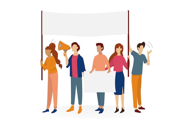 people hold banner. group of character with blank empty board for message. advertising concept.   illustration in cartoon style