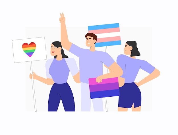 people hold banners and placards with lgbt rainbow bisexual flag and trensgender flag
