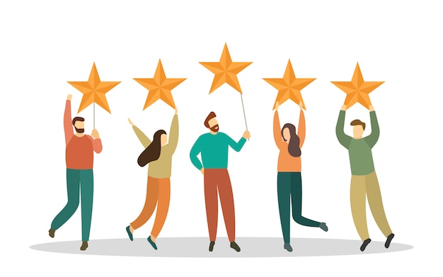 People hold big stars over their heads. rating, five stars. customer feedback.