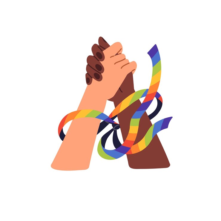 Vector people hold hands tied with rainbow ribbon lgbt community unity of homosexual non binary characters international lgbtq solidarity support flat isolated vector illustration on white background