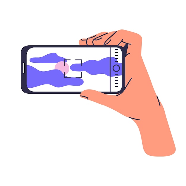 People hold smartphone in hand user take photo shot sky view by camera app person using mobile phone for photography sun and clouds modern technology flat isolated vector illustration on white