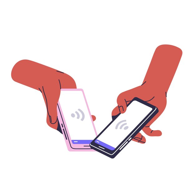 Люди держат смартфоны в руках Пользователи обмениваются информацией с помощью мобильного приложения для передачи документов Человек отправляет телефонные файлы через онлайн-соединение Современные технологии Плоская изолированная векторная иллюстрация на белом