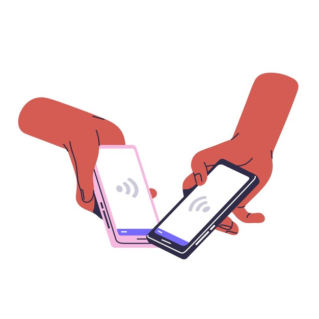 People hold smartphones in hands users share information by mobile document transfer app person sends phone files by online connect modern technology flat isolated vector illustration on white