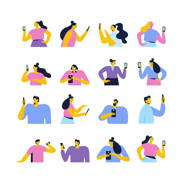 Vector people holding cell phone in hand flat vector illustration