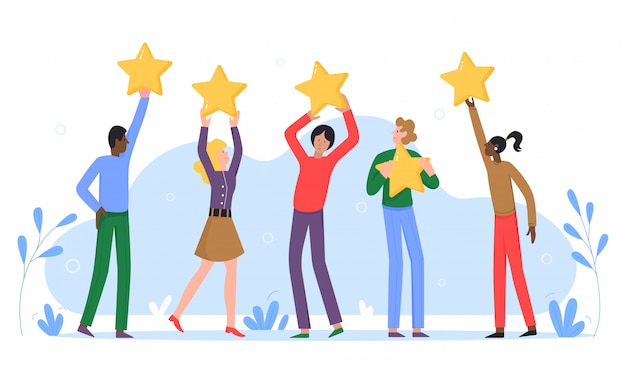 Vector people holding gold rate stars. feedback consumer or customer review evaluation, satisfaction level. juries rating in the competition concept  illustration.