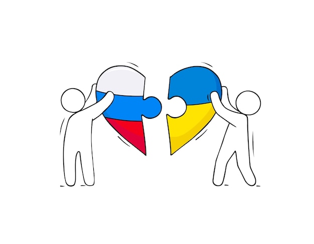 People holding heart pieces colored the flag of Ukraine and Russia