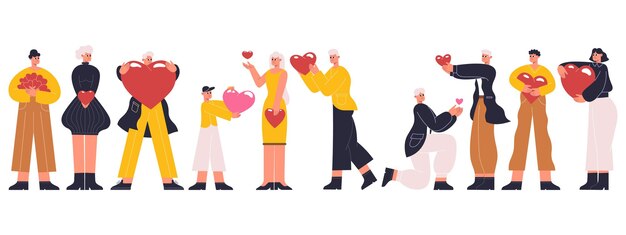 Le persone che tengono i cuori, i personaggi condividono l'amore, la donazione o il giorno di san valentino. personaggi felici che trasportano e condividono i cuori illustrazione vettoriale. donna e uomo con cuori rossi