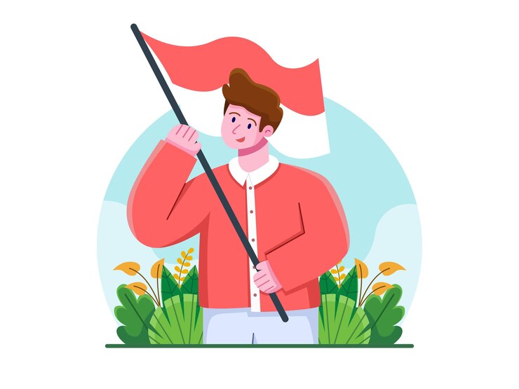 Vector people holding indonesia flag and celebrate independence day
