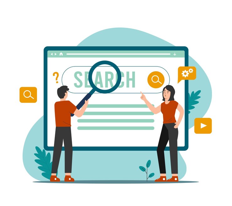 Vector people holding magnifying glass over search bar. search engine concept