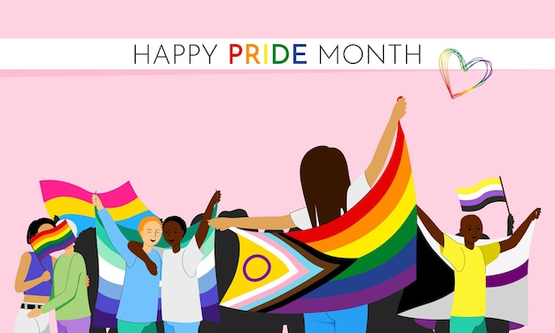 people holding rainbow flags during pride month and support equality and rights with signs