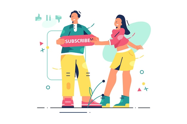 People holding subscribe button illustration.