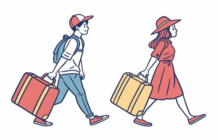 Vector スーツケースを握る人々 ラインスタイルのキャラクター 旅行素材 ベクトルグラフィックス