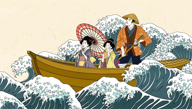 Vector people holding umbrella on boat in ukiyo-e style