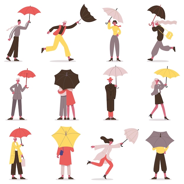 people holding umbrella. male and female fall characters with umbrellas, rainy day stroll vector illustration set. cartoon people walking under umbrella