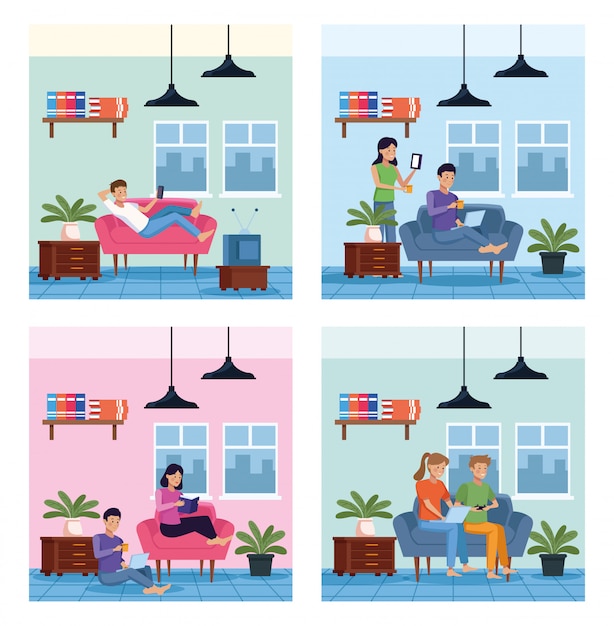 Vector people in house places scenes