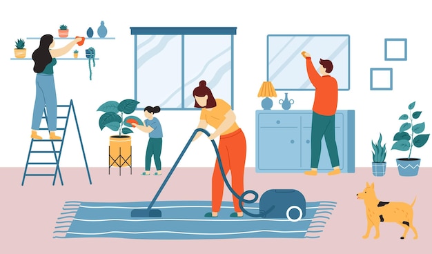 Vector people do housework home cleaning family doing household chore woman vacuuming carpet man mopping mirror