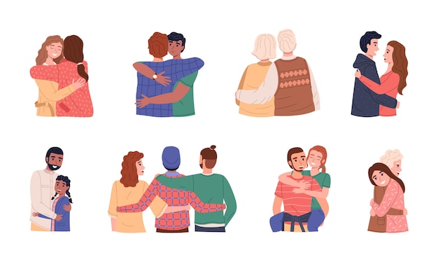 People hug Men and women different ages and nationalities Happy friends children and parents hugging good family and romantic relationship vector flat cartoon isolated set