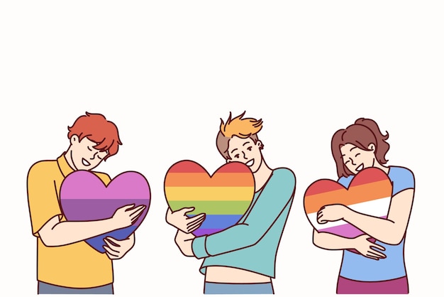 People hugging hearts painted in colors of LGBT and LGBTQ flags making freedom of choice in sex