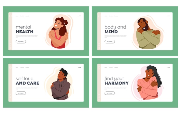 Vector people hugging themselves landing page template set selfembrace importance of taking care of oneself