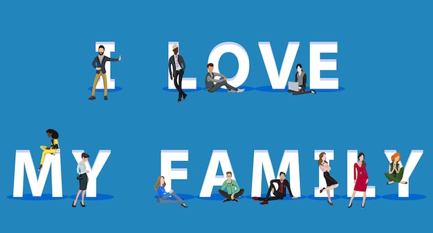 Vettore persone su i love my family per presentazioni di app per dispositivi mobili web