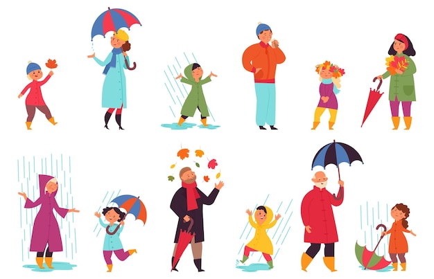 Люди в осеннем парке гуляют весело мужчины носят уличную одежду городские персонажи осеннего сезона человек с зонтиком и разноцветными листьями достойный векторный набор