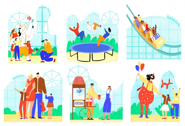 Люди в наборе иллюстраций парка развлечений, активный семейный персонаж мультфильма развлекается, иконки аттракционов на белом