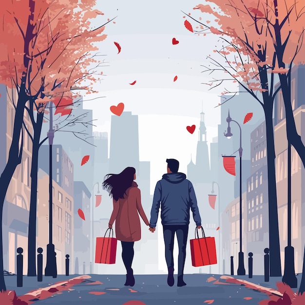 Vettore persone innamorate di sacchetti da shopping che camminano in città