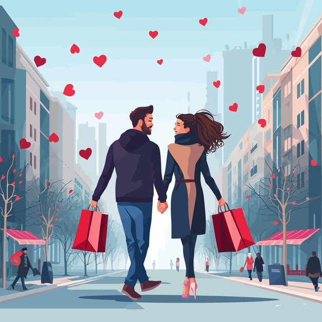 Vector people_in_love_with_shopping_bags_walking_city