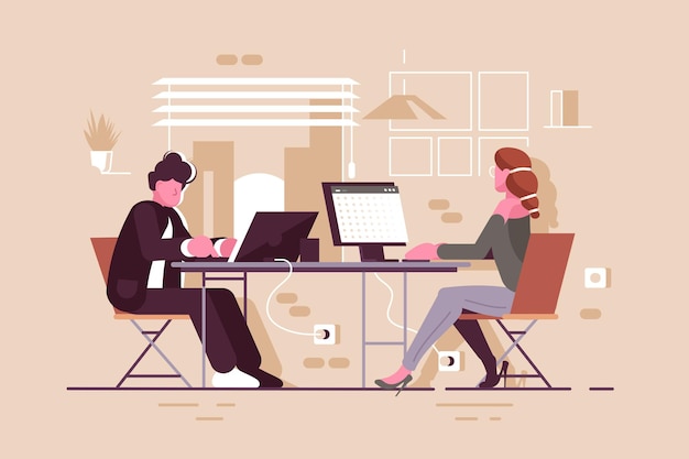 벡터 현대 사무실 벡터 삽화에 있는 사람들 남자와 여자는 직장 플랫 스타일 디자인에서 서로 반대편에 앉아 노트북과 컴퓨터 작업 프로세스 개념에 입력하는 동료