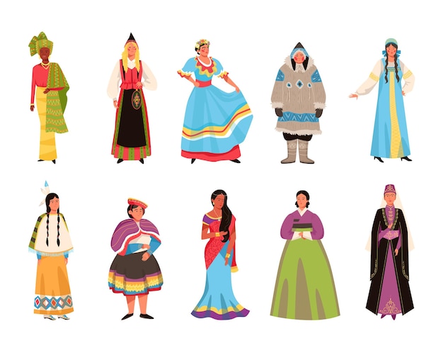 국가 의상을 입은 사람들 터 일러스트레이션 세트 만화 평평한 여성 캐릭터는 전통적인 옷을 입습니다.
