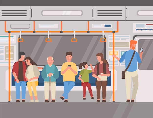 Люди в поезде метро, общественный транспорт плоский векторные иллюстрации