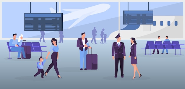 Люди в концепции веб-баннера аэропорта. идея путешествия и отдыха. прибытие самолета. иллюстрация