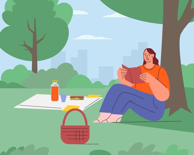 ベクトル 公園の人々 夏休みとピクニック 読書してくつろぐ人 フラットイラスト