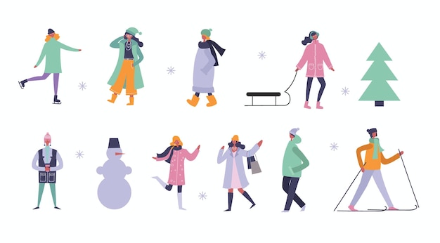 겨울 옷을 입은 사람들은 평평한 벡터 삽화 세트를 걷고 있습니다. 작은 사람들이 낭만적인 커플들이 축제 분위기를 즐기는 만화 세트를 즐기고 있습니다. 어린이와 성인들은 야외에서 크리스마스를 축하합니다.