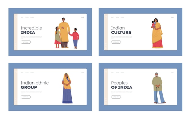 People of india landing page template set happy indian family smiling young and old male and female characters
