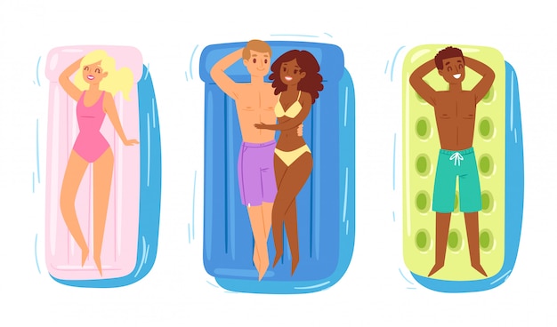 Persone su materasso gonfiabile vettoriale donna uomo caratteri costume da bagno galleggiante