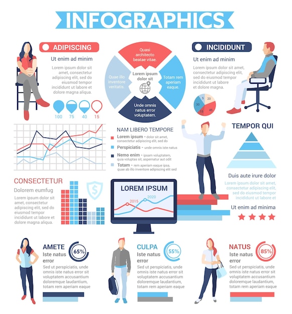 Infographics di persone - poster informativo, layout del modello di copertina dell'opuscolo con icone, altri elementi di informazione e testo di riempimento