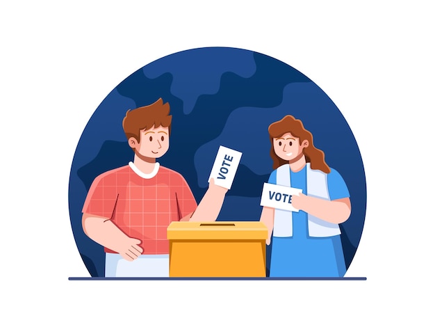 Vector people inserting a ballot paper into a box symbolizing democratic participation and decisionmaking