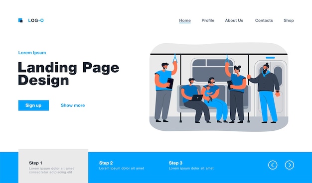 People inside subway or underground train landing page in flat style