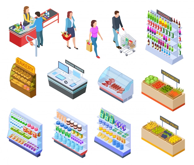 People isometric store. Shopping grocery market customer supermarket products